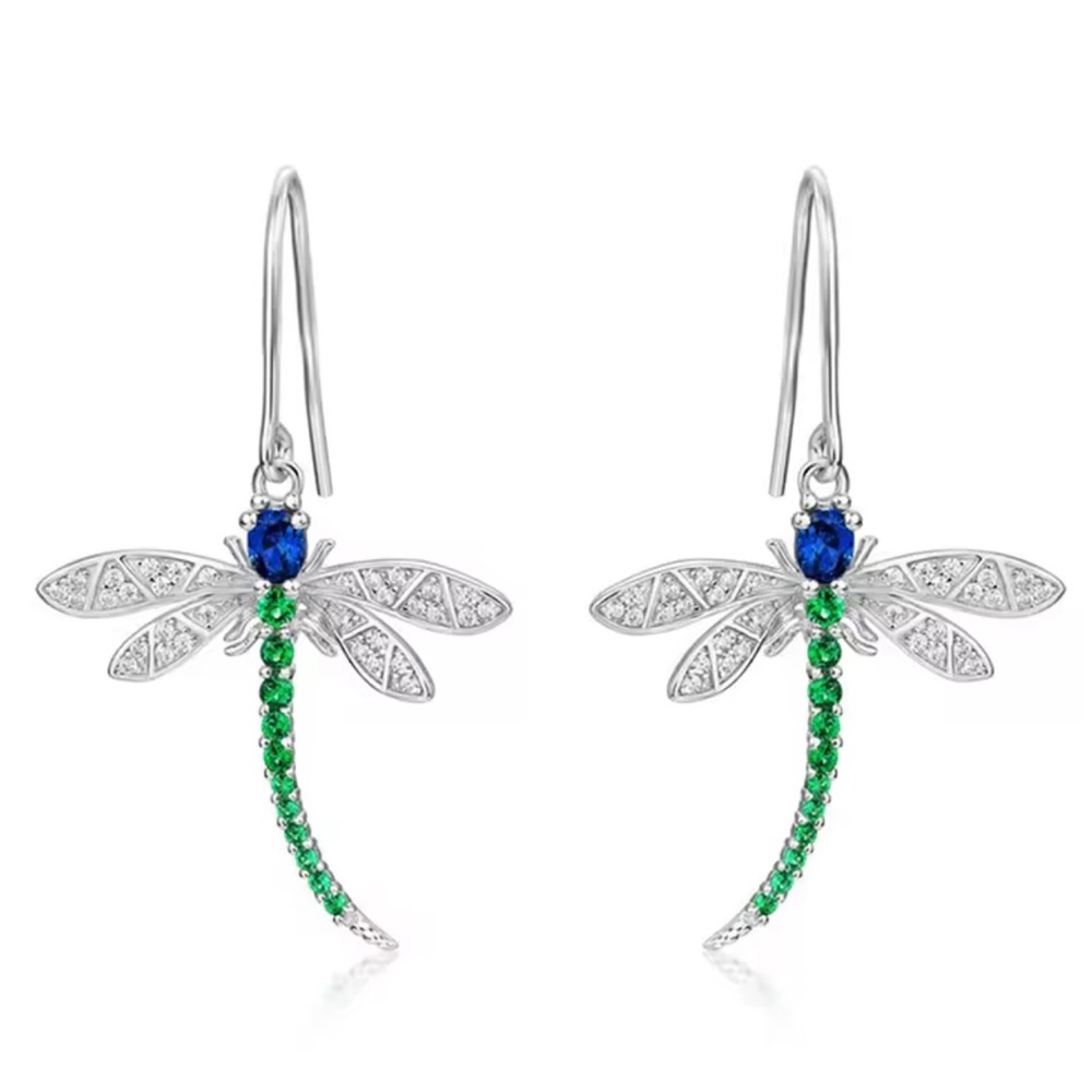 Emerald Green Dragonfly Dangle Earrings - Picture 2 of 10